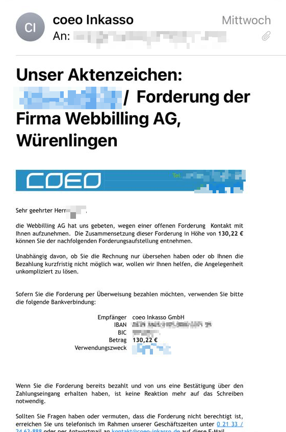 Mahnung COEO Inkasso GmbH