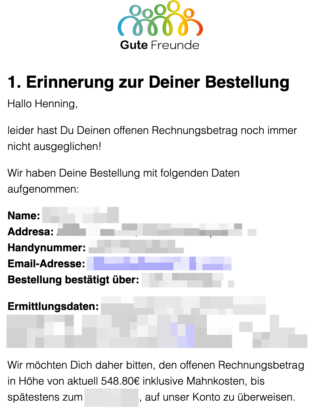 Zahlungserinnerung für GuteFreunde.Online