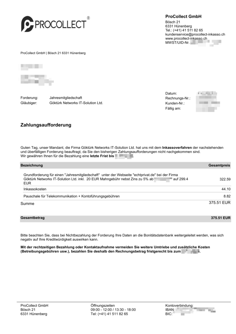 Inkassoschreiben der ProCollect GmbH mit einer Zahlungsaufforderung über 375,51 EUR im Auftrag der Göktürk Networks IT-Solution Ltd. für eine angebliche Jahresmitgliedschaft.